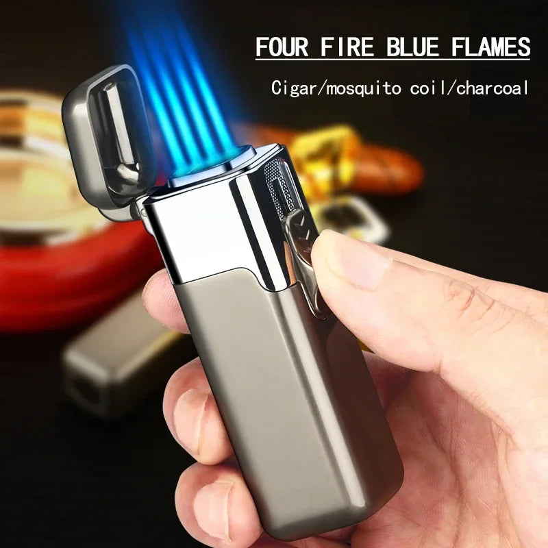 Cigar Windproof Metal Lighter, Four-Fire Butane Gas Adjustable Lighter, Blue Flame Jet Holiday Gift