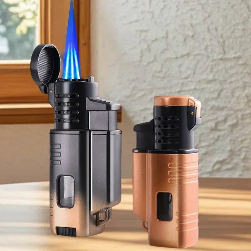 Three Flame Lighter, Windproof Cigar Lighter, Simple Business Visual Window Lighter, Butane Torch, Inflatable Igniter